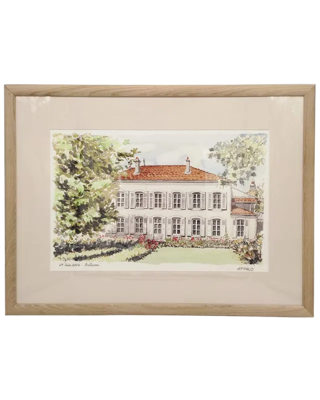 Aquarelle avec passe-partout et baguette chêne réalisé par l'Atelier Histoire d'Art - Lyon - Caluire