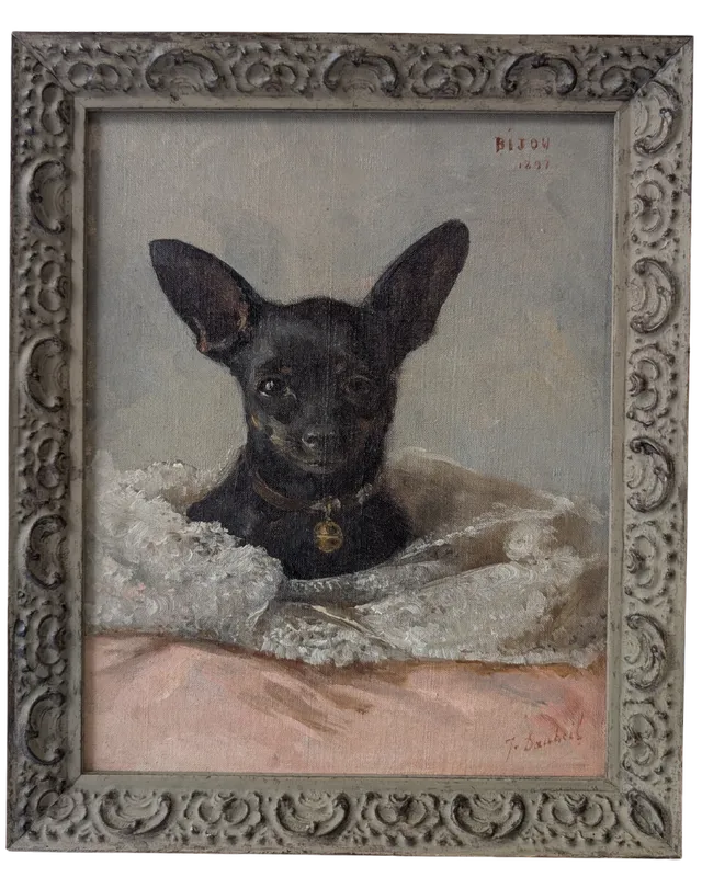 Tableau de chien dans cadre marron réalisé par l'Atelier Histoire d'Art - Lyon - Caluire