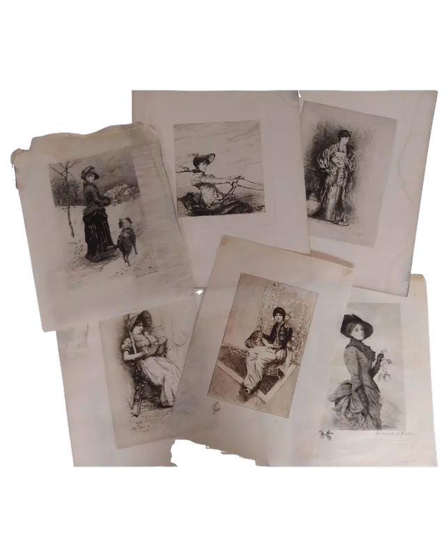 Collection de gravures jaunies et acidifiées avant restauration - Atelier Caluire.